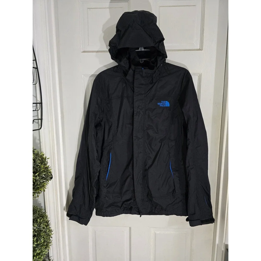 The North Face HyVent Rain Jacket Mens Small Black Blue Hooded Waterproof Coat